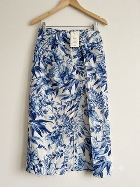 H&M White and Blue Botanical Midi Skirt with slit